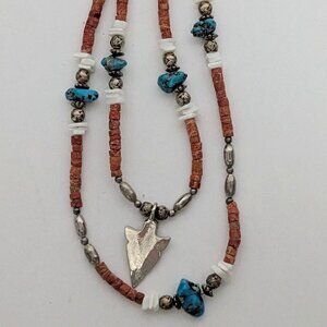 Vintage Native American-Style Necklace w/ turq/coral/shell beads w/ Silver Tone!